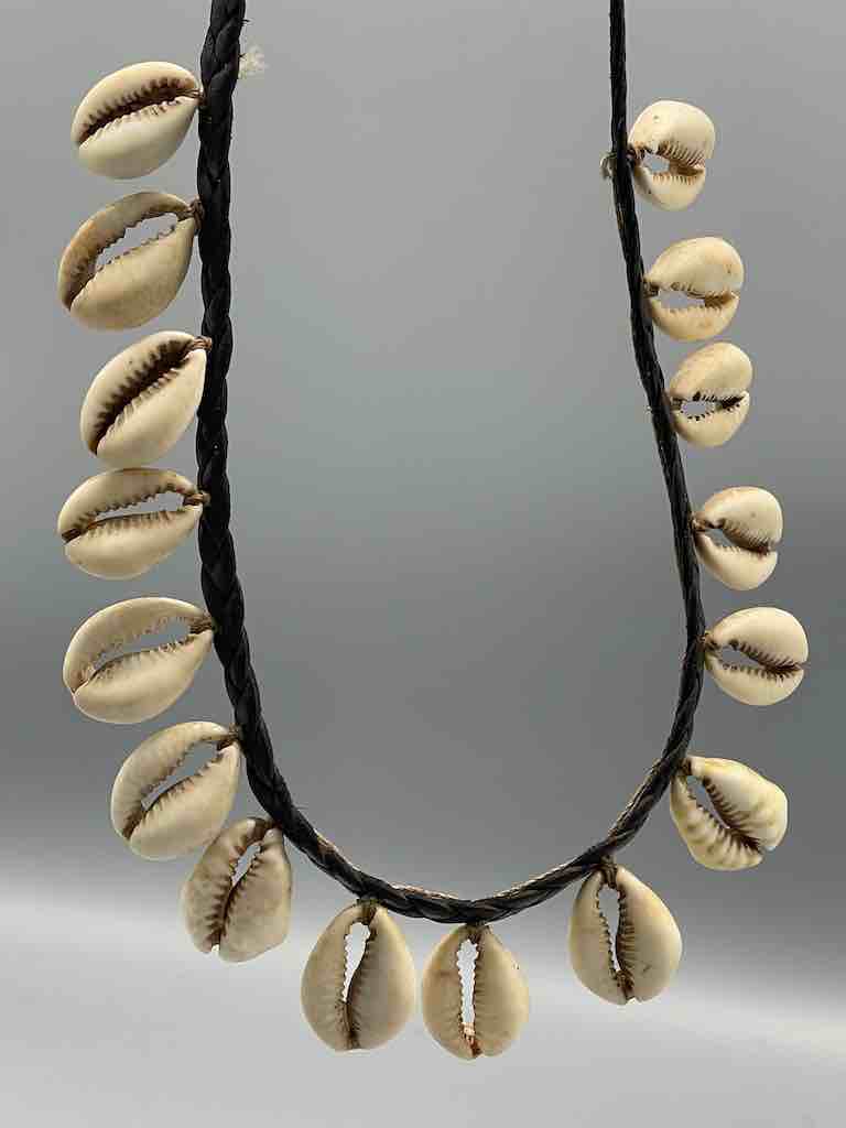 Hanging Cowrie Shell Braided Black Leather Clasp Long Necklace - Mali