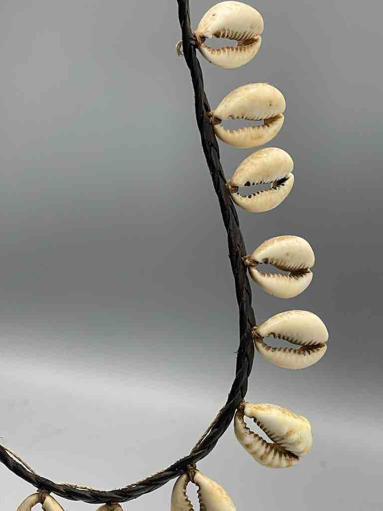 Hanging Cowrie Shell Braided Black Leather Clasp Long Necklace - Mali