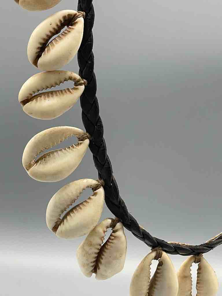 Hanging Cowrie Shell Braided Black Leather Clasp Long Necklace - Mali
