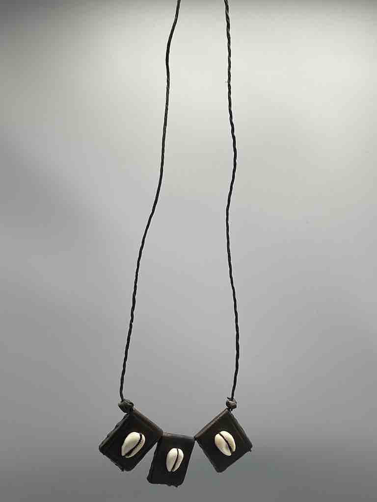 Cowrie Shell Triple GriGri Black Leather Cord Long Necklace - Mali