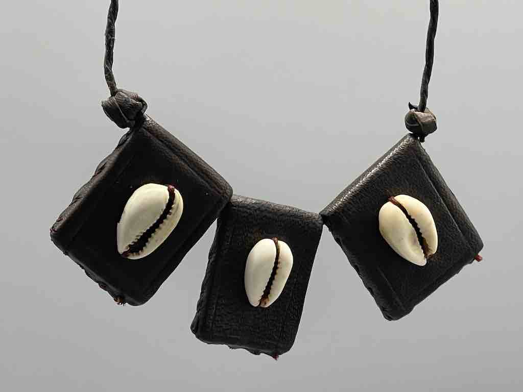 Cowrie Shell Triple GriGri Black Leather Cord Long Necklace - Mali