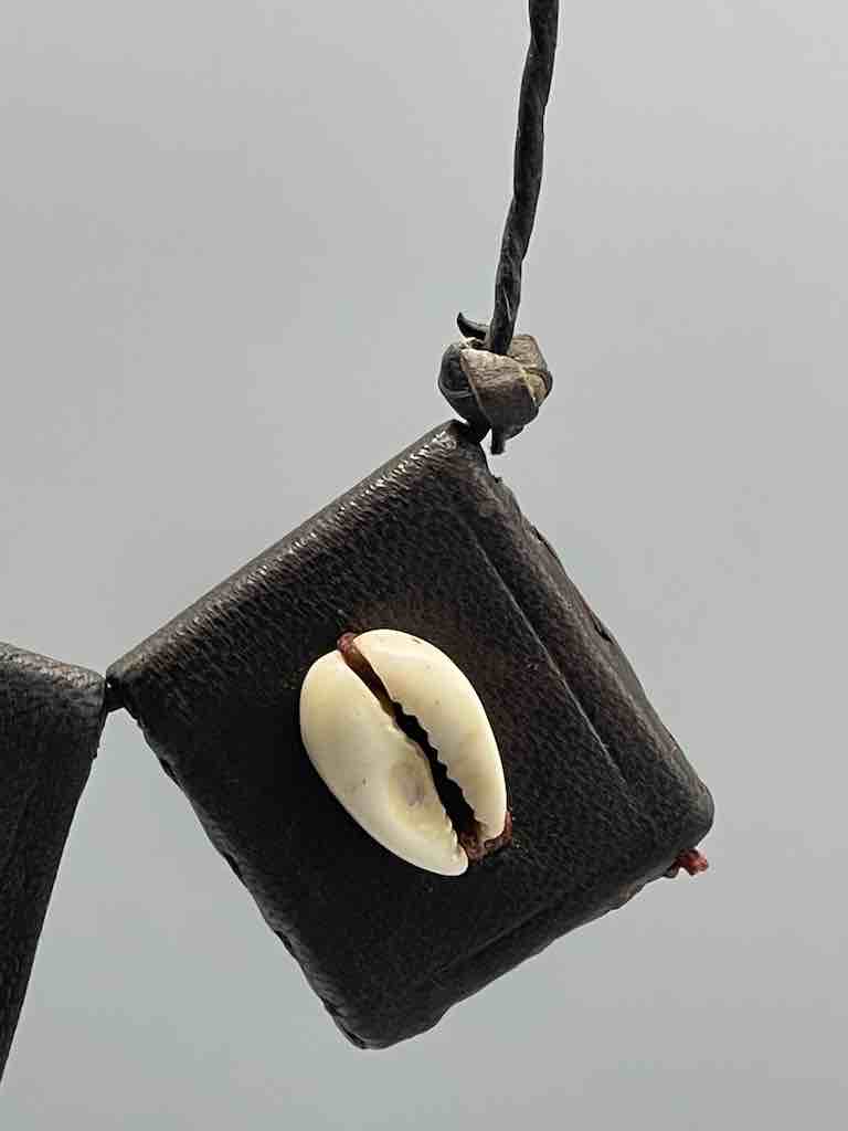 Cowrie Shell Triple GriGri Black Leather Cord Long Necklace - Mali