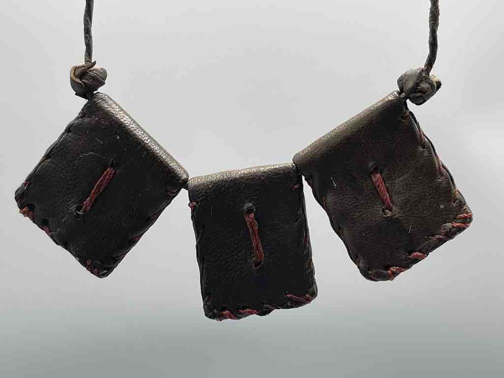 Cowrie Shell Triple GriGri Black Leather Cord Long Necklace - Mali