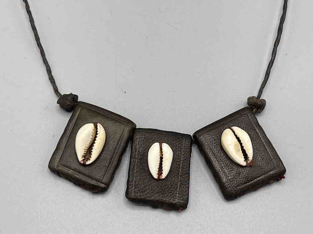 Cowrie Shell Triple GriGri Black Leather Cord Long Necklace - Mali