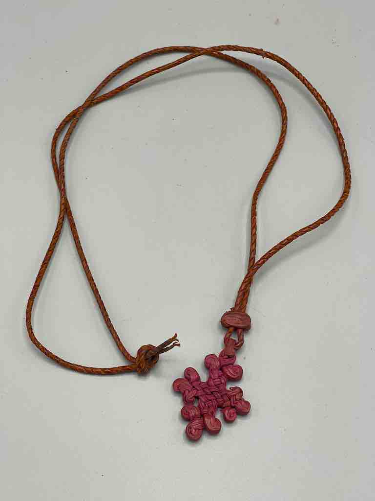 Woven Coptic Christian Red Leather Cross on Long Cord Necklace - Ethiopia