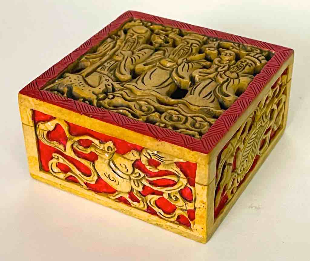 The Chinese 3 Wise Men - Relief Carved Square Soapstone Trinket Decor Box