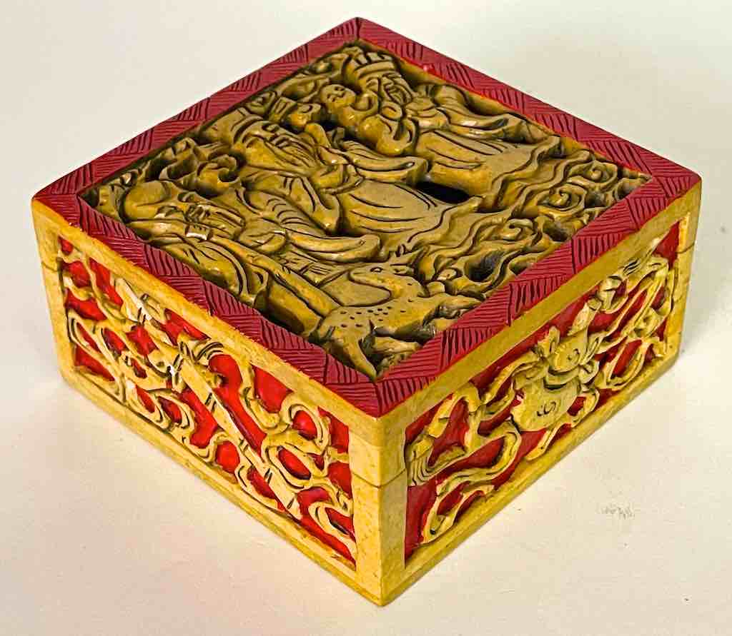 The Chinese 3 Wise Men - Relief Carved Square Soapstone Trinket Decor Box