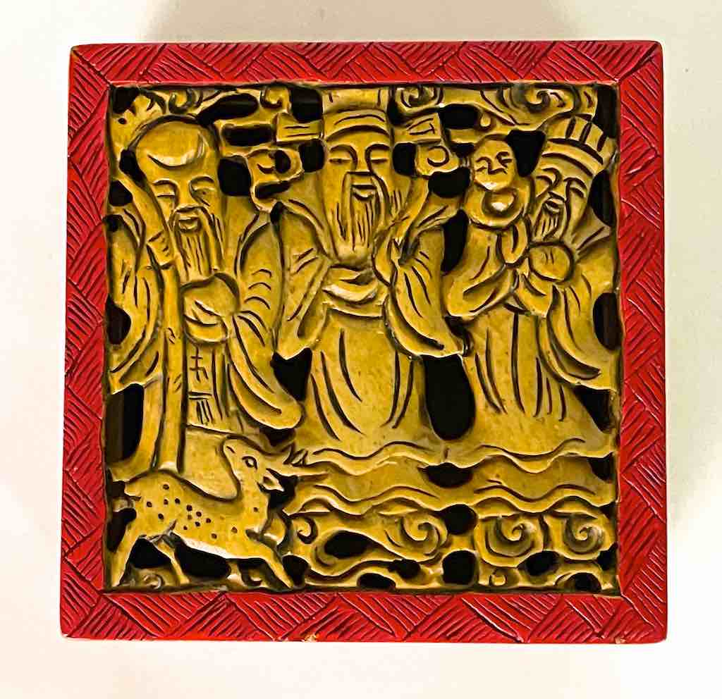 The Chinese 3 Wise Men - Relief Carved Square Soapstone Trinket Decor Box