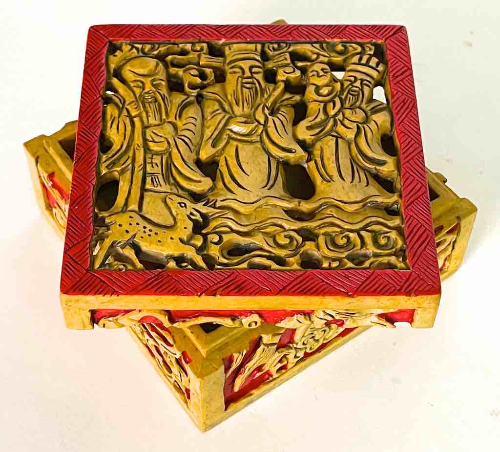 The Chinese 3 Wise Men - Relief Carved Square Soapstone Trinket Decor Box