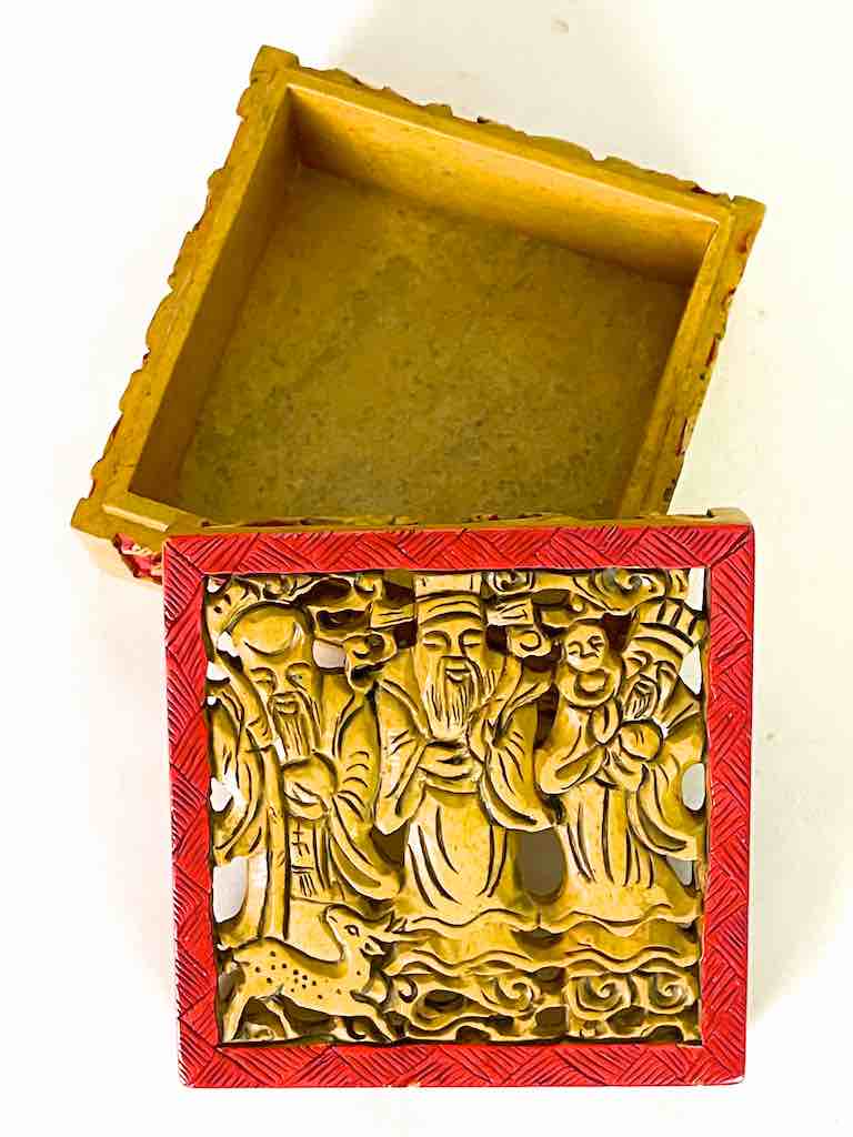 The Chinese 3 Wise Men - Relief Carved Square Soapstone Trinket Decor Box