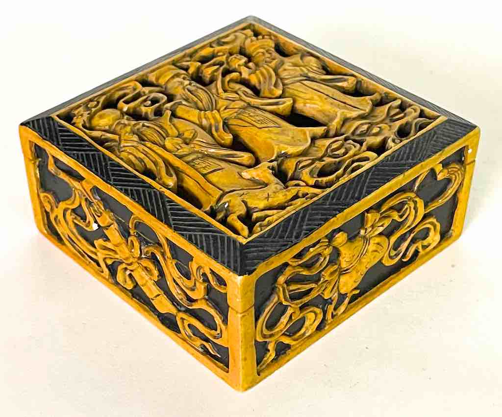 The Chinese 3 Wise Men - Relief Carved Square Soapstone Trinket Decor Box