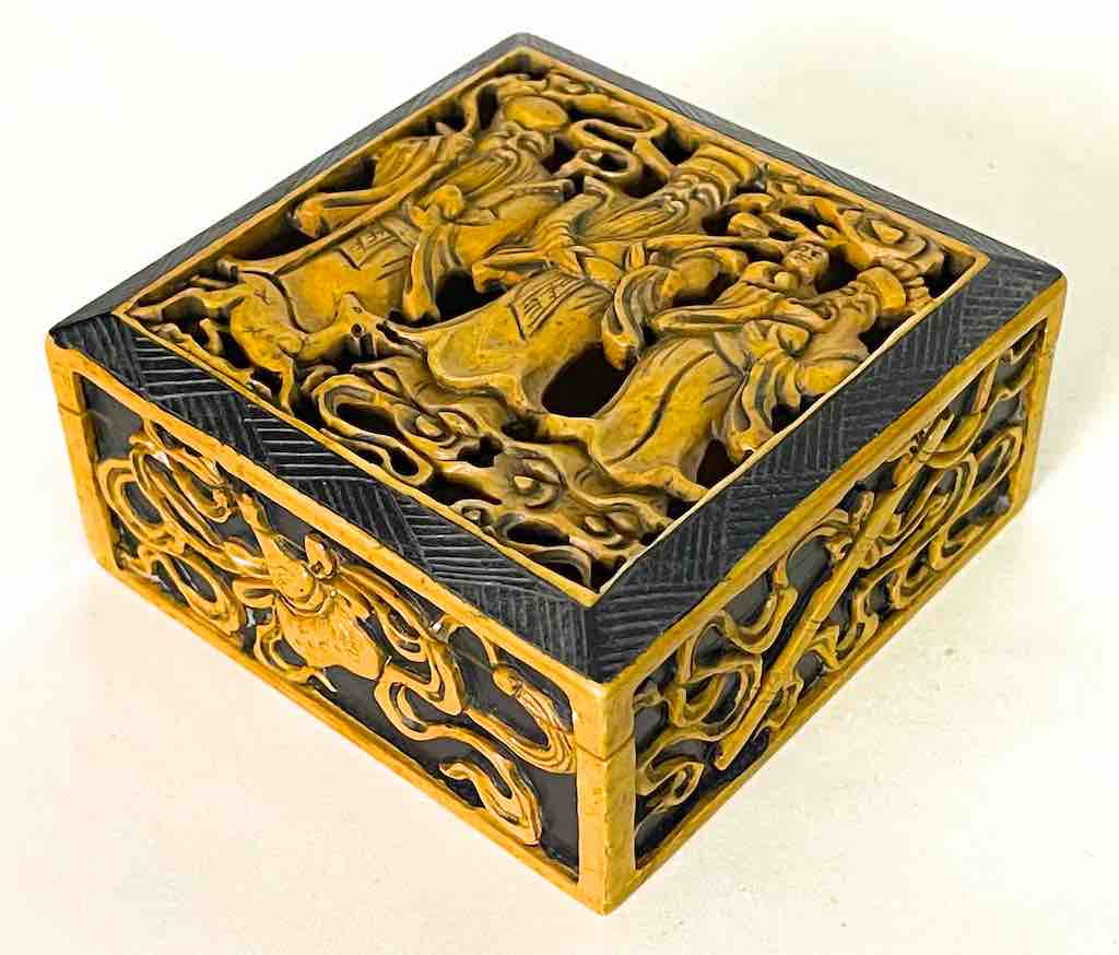 The Chinese 3 Wise Men - Relief Carved Square Soapstone Trinket Decor Box