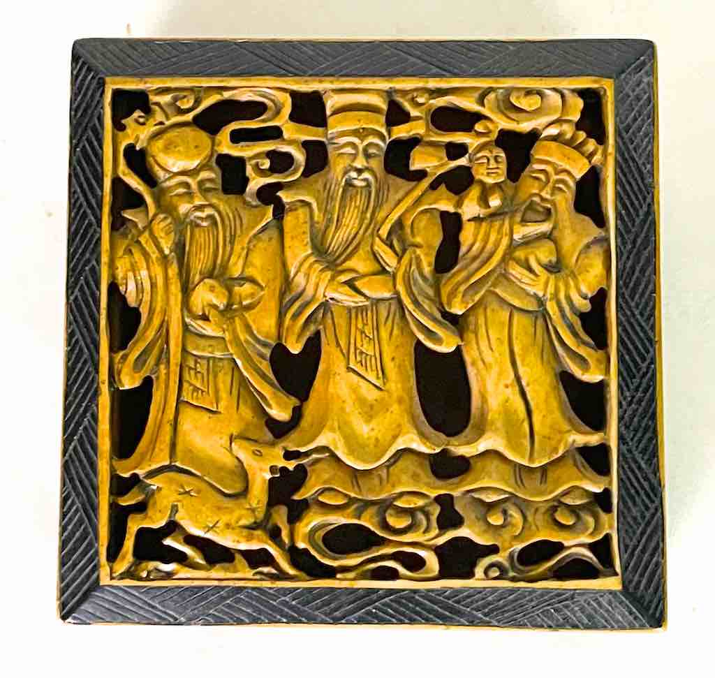 The Chinese 3 Wise Men - Relief Carved Square Soapstone Trinket Decor Box