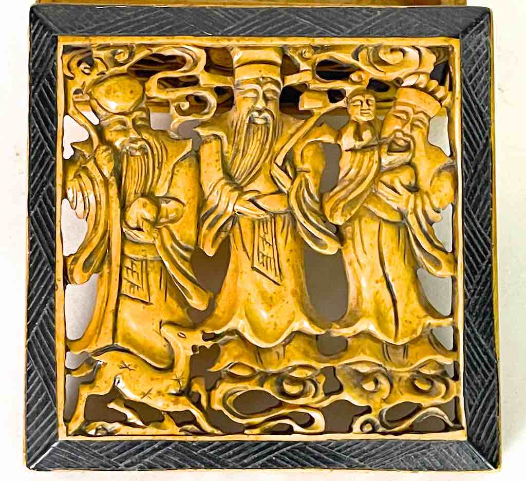 The Chinese 3 Wise Men - Relief Carved Square Soapstone Trinket Decor Box
