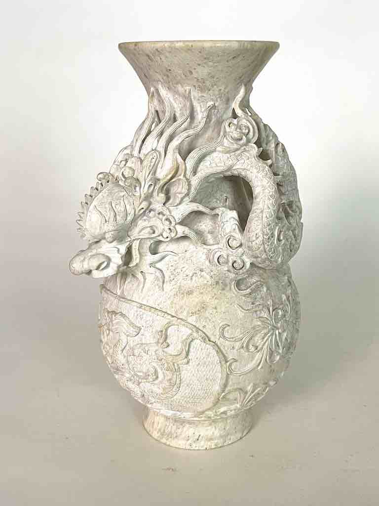 Solid Hand-Carved Soapstone Dragon White Vase