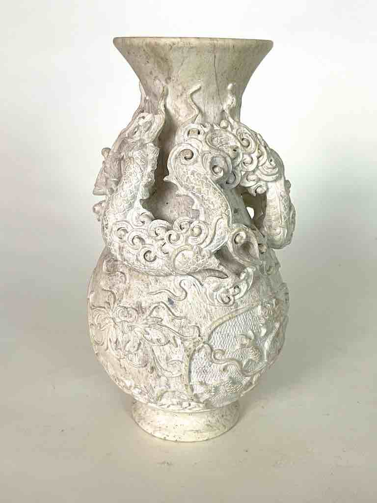 Solid Hand-Carved Soapstone Dragon White Vase