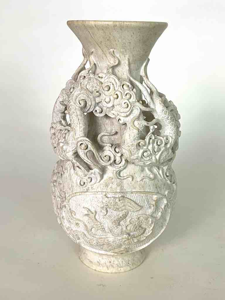 Solid Hand-Carved Soapstone Dragon White Vase