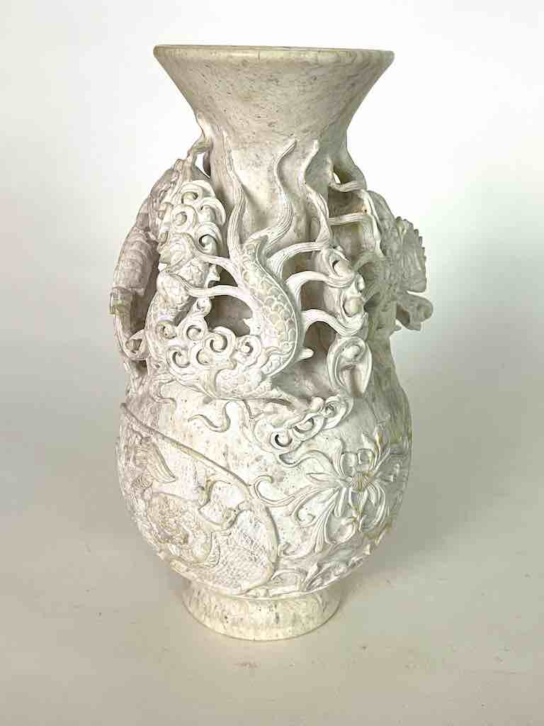 Solid Hand-Carved Soapstone Dragon White Vase