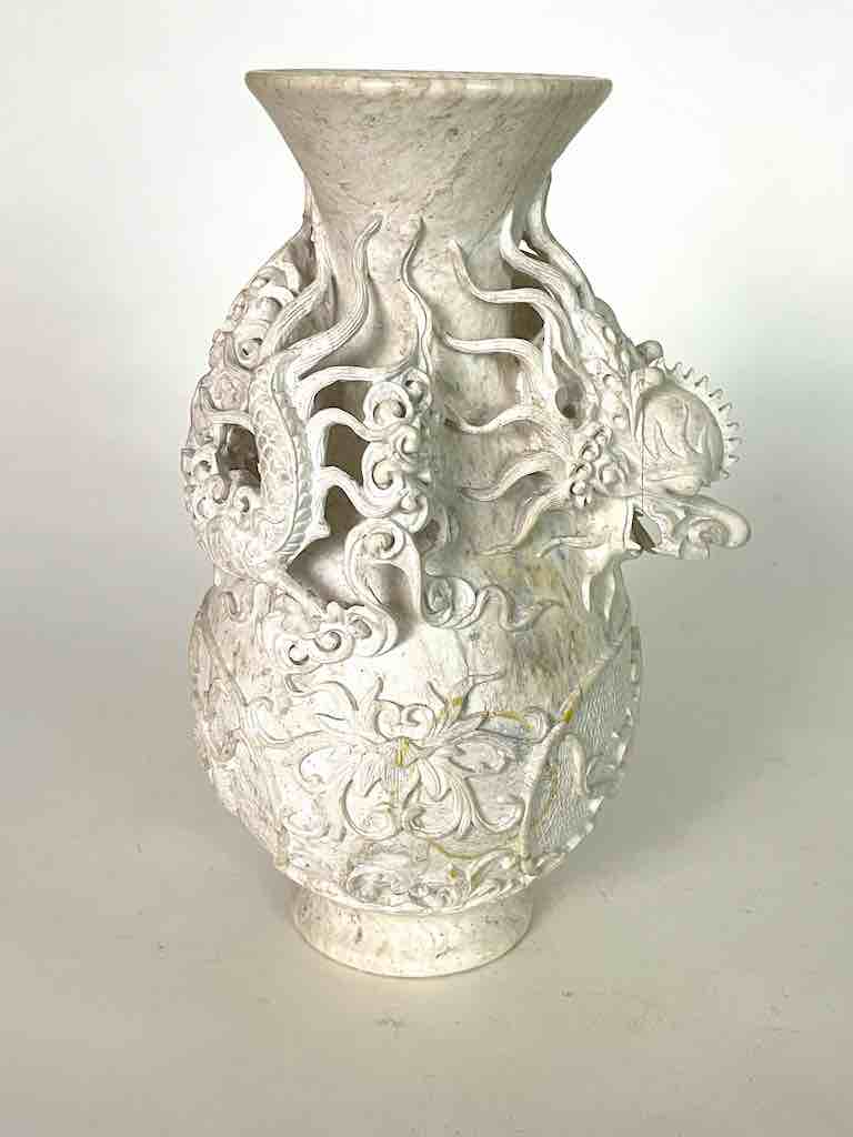 Solid Hand-Carved Soapstone Dragon White Vase