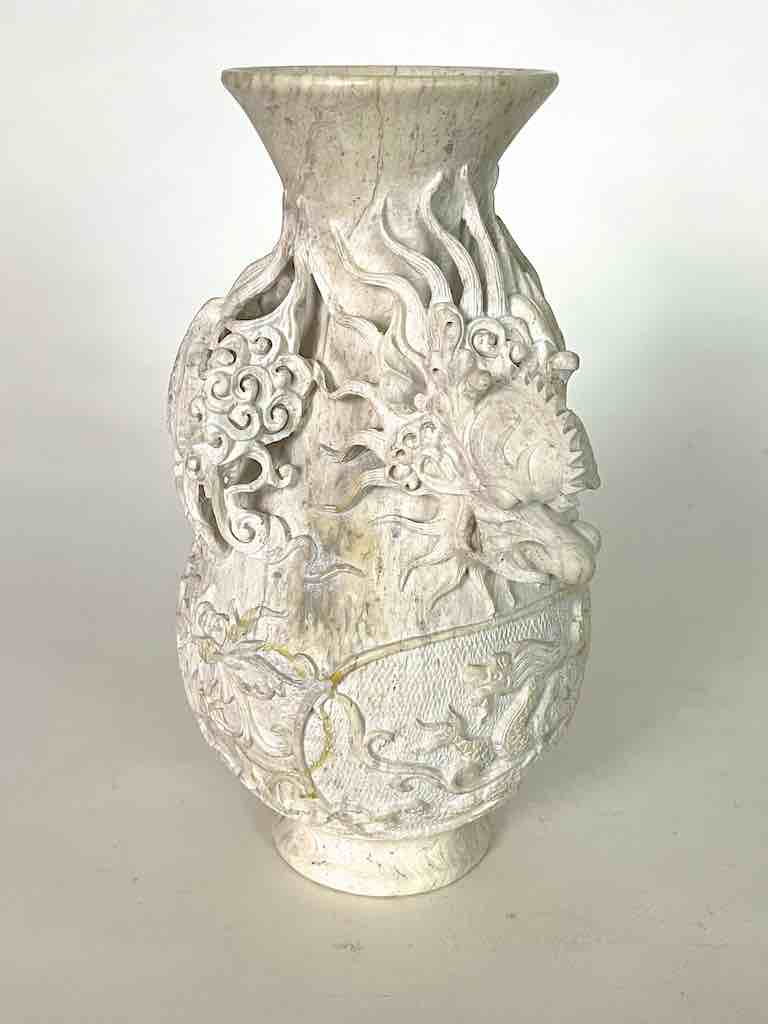 Solid Hand-Carved Soapstone Dragon White Vase