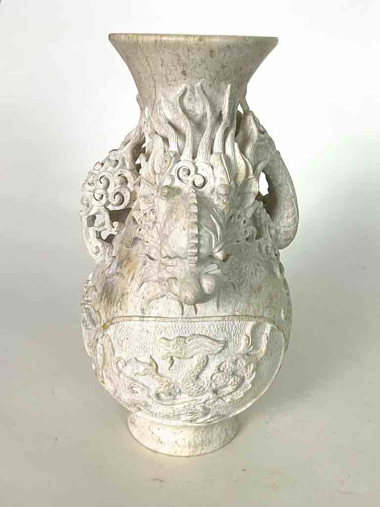 Solid Hand-Carved Soapstone Dragon White Vase