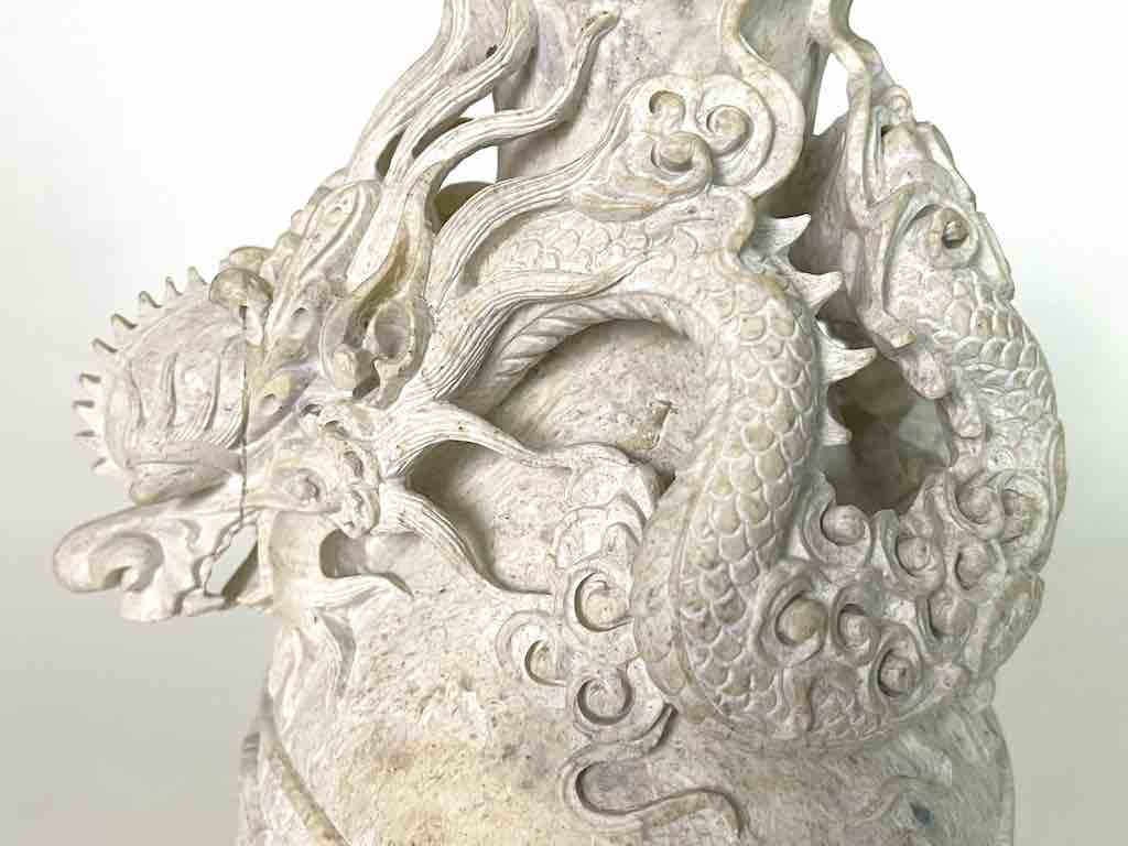 Solid Hand-Carved Soapstone Dragon White Vase