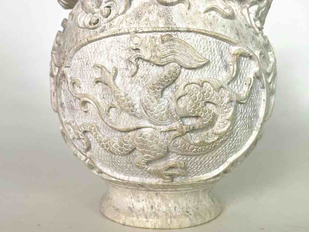 Solid Hand-Carved Soapstone Dragon White Vase
