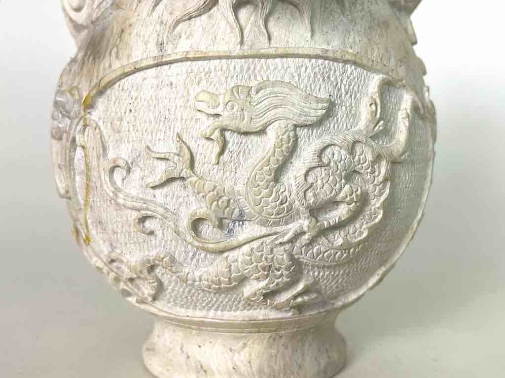 Solid Hand-Carved Soapstone Dragon White Vase