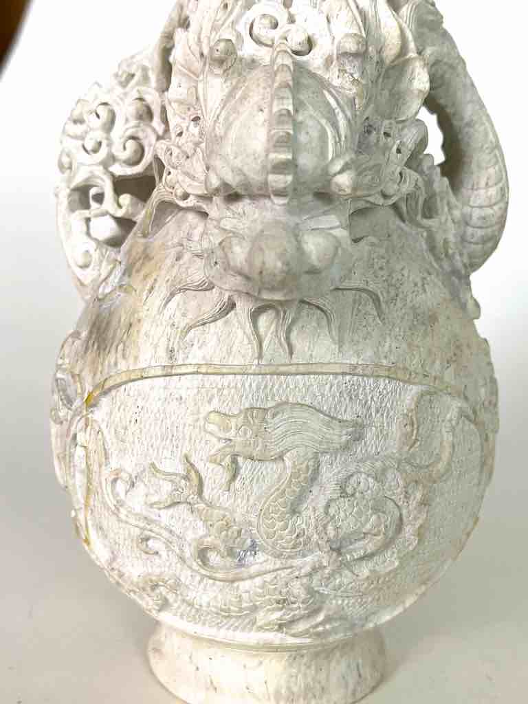 Solid Hand-Carved Soapstone Dragon White Vase