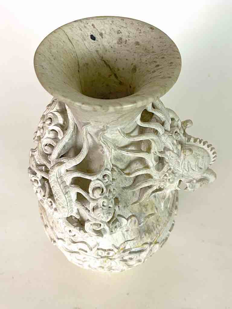 Solid Hand-Carved Soapstone Dragon White Vase