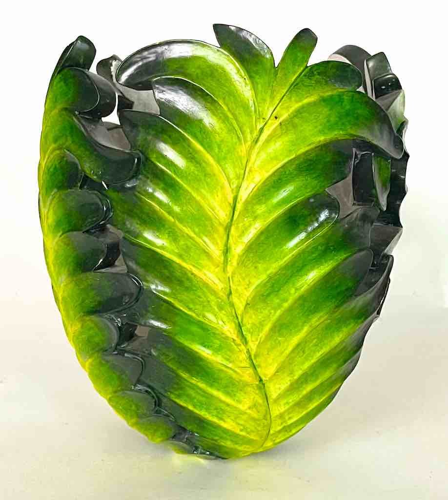 Flared Green Leaf Design Soapstone Decor Vase Sculpture
