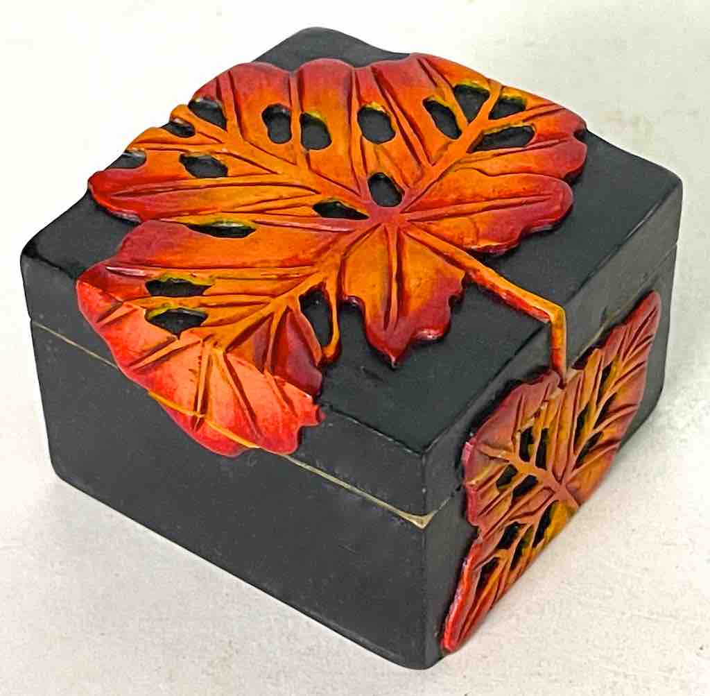 Small Black Square Autumn Leaf Soapstone Trinket Decor Box