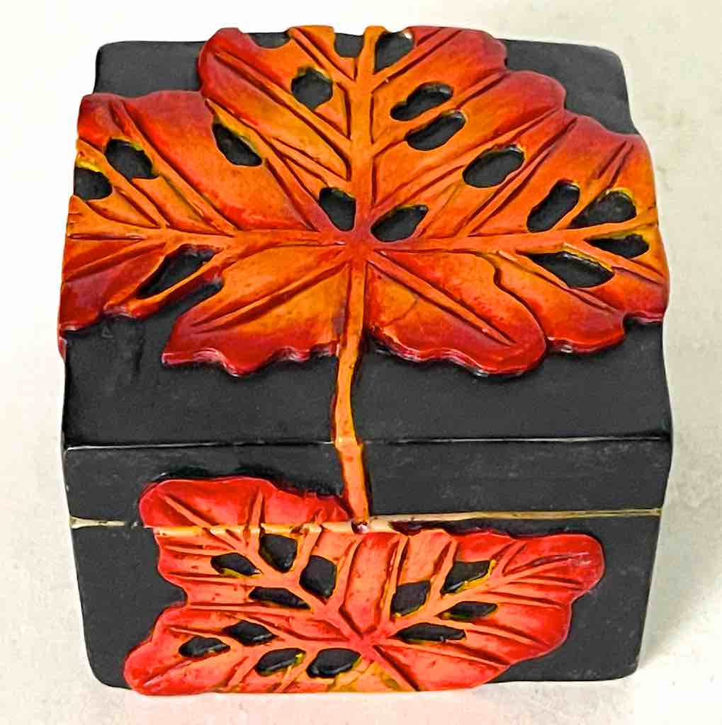 Small Black Square Autumn Leaf Soapstone Trinket Decor Box