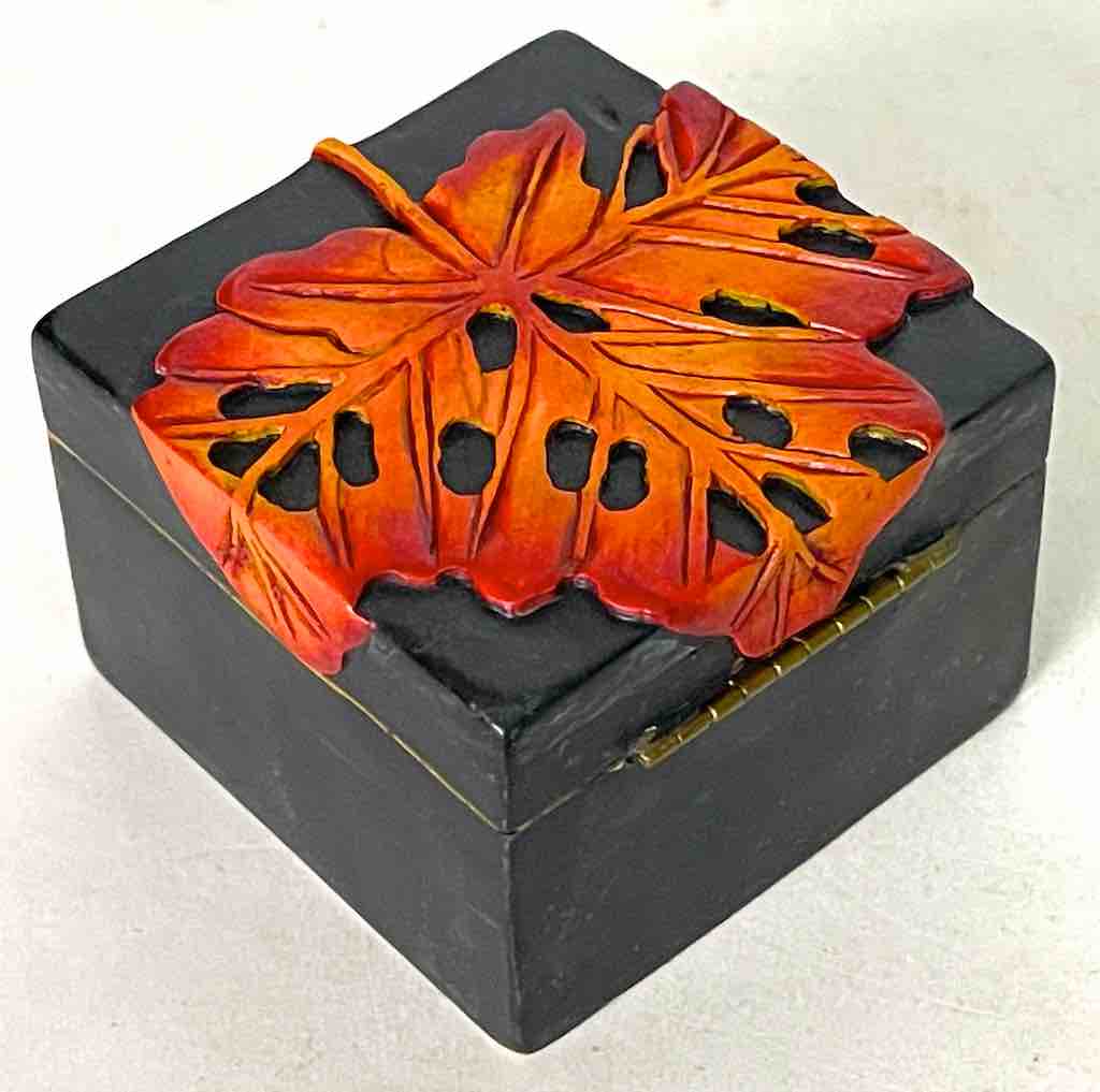 Small Black Square Autumn Leaf Soapstone Trinket Decor Box
