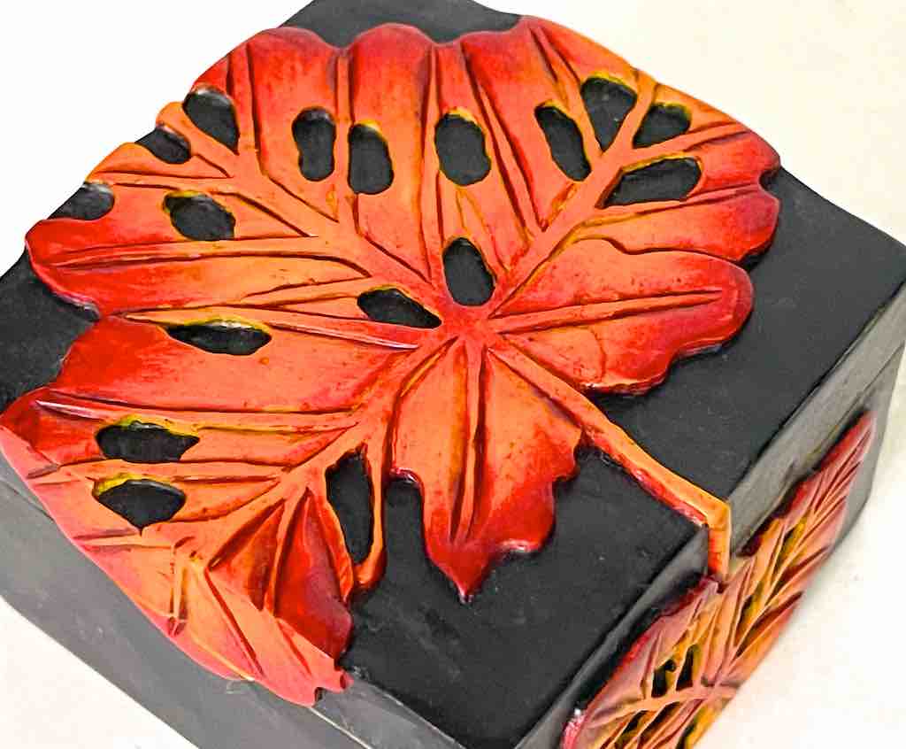 Small Black Square Autumn Leaf Soapstone Trinket Decor Box