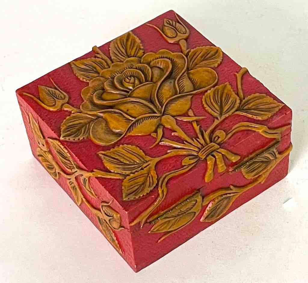 Rose Design Red Square Soapstone Trinket Decor Box