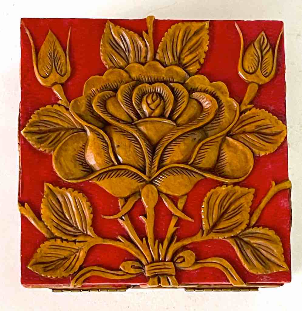 Rose Design Red Square Soapstone Trinket Decor Box