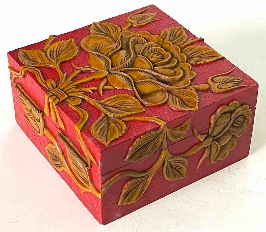 Rose Design Red Square Soapstone Trinket Decor Box