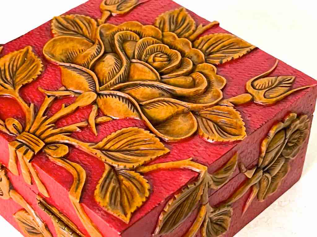 Rose Design Red Square Soapstone Trinket Decor Box