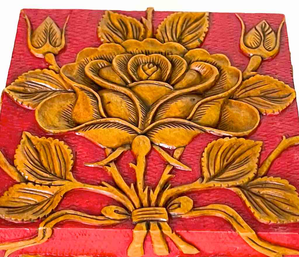 Rose Design Red Square Soapstone Trinket Decor Box