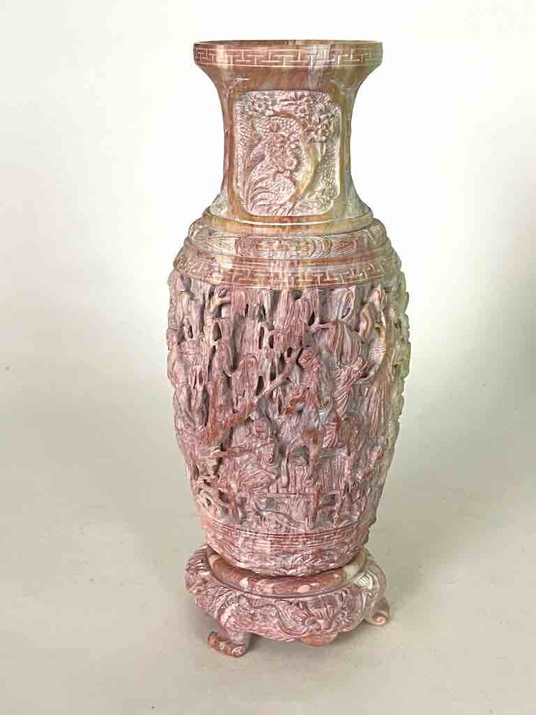 Solid Hand-Carved Soapstone Vietnamese Landscape Pink Vase