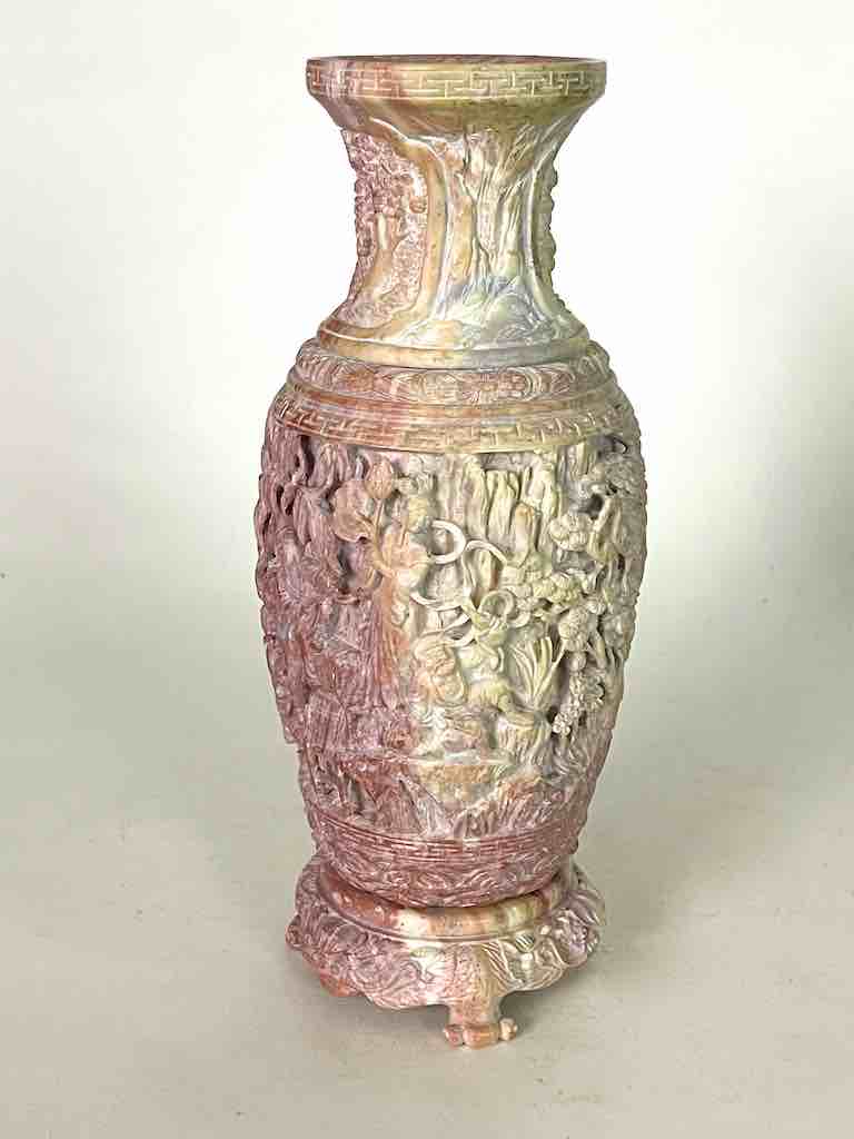Solid Hand-Carved Soapstone Vietnamese Landscape Pink Vase