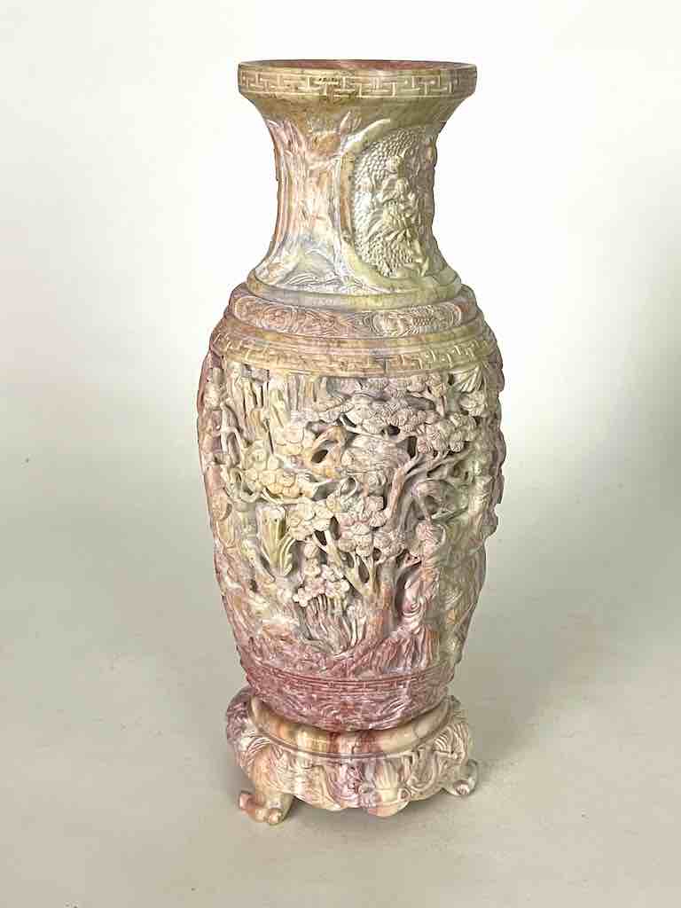 Solid Hand-Carved Soapstone Vietnamese Landscape Pink Vase