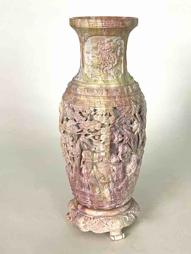 Solid Hand-Carved Soapstone Vietnamese Landscape Pink Vase