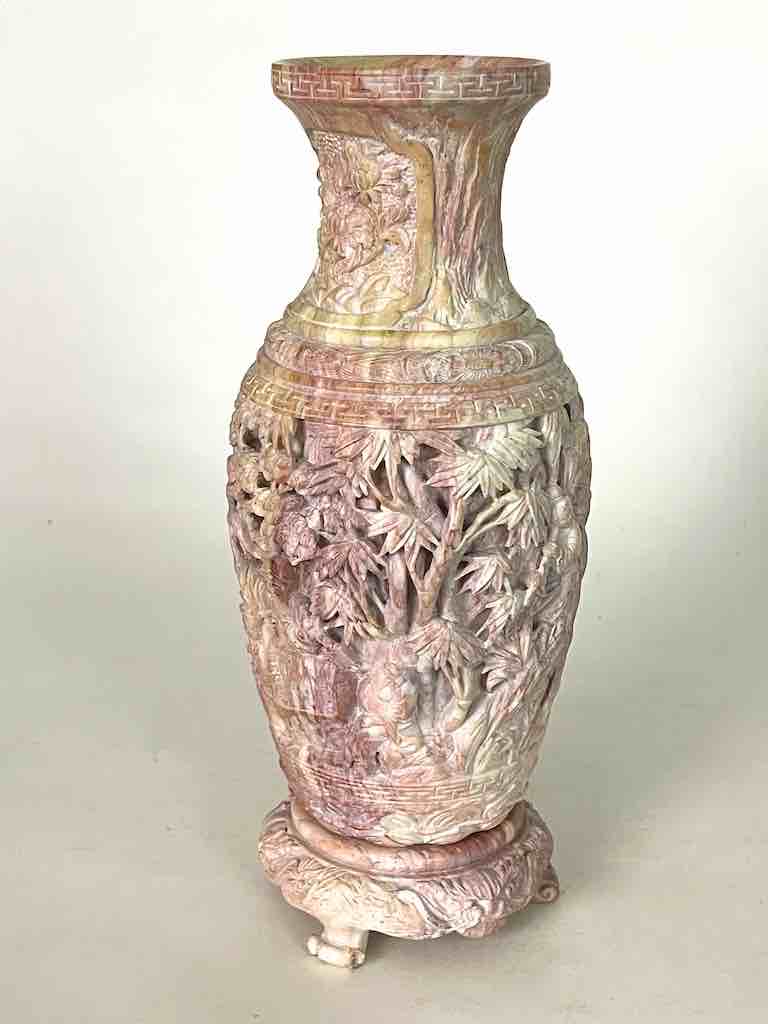 Solid Hand-Carved Soapstone Vietnamese Landscape Pink Vase