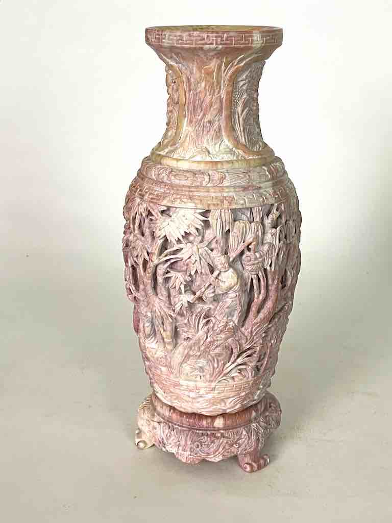 Solid Hand-Carved Soapstone Vietnamese Landscape Pink Vase