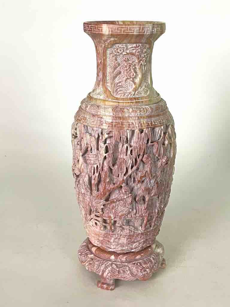 Solid Hand-Carved Soapstone Vietnamese Landscape Pink Vase
