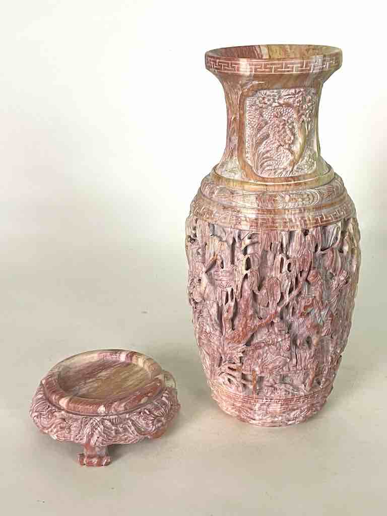 Solid Hand-Carved Soapstone Vietnamese Landscape Pink Vase
