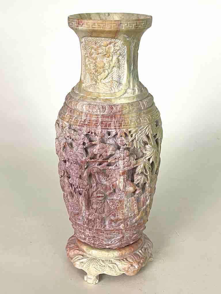 Solid Hand-Carved Soapstone Vietnamese Landscape Pink Vase