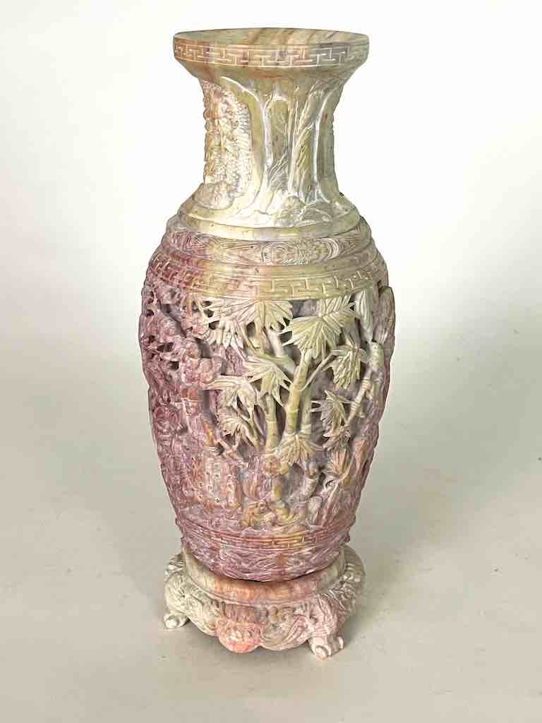 Solid Hand-Carved Soapstone Vietnamese Landscape Pink Vase